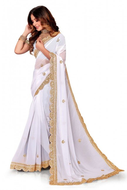 sari en georgette brodée blanche