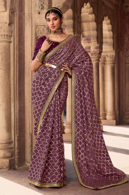 sari violet en organza brodé
