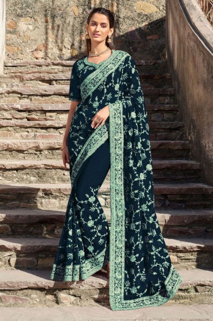 sari scintillant brodé en bleu sarcelle avec chemisier