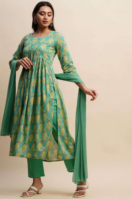 Costume Anarkali vert de mer en coton imprimé