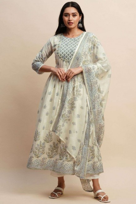 Costume Anarkali imprimé bleu, blanc en coton