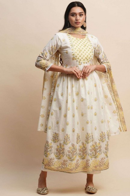 Costume Anarkali imprimé en jaune, coton blanc