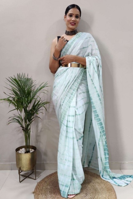 sari bleu ciel imprimé en mousseline de soie chinon avec chemisier