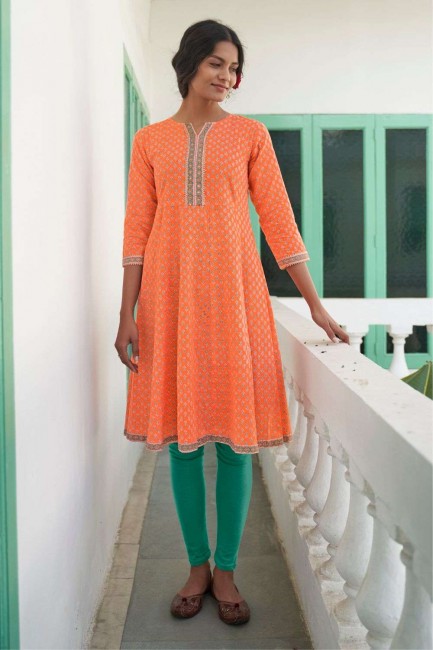 Robe en coton imprimé orange Kurti avec dupatta