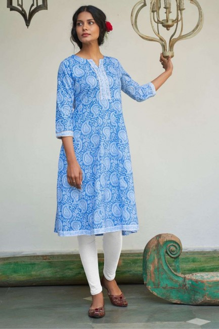 Robe imprimée bleue Kurti en coton