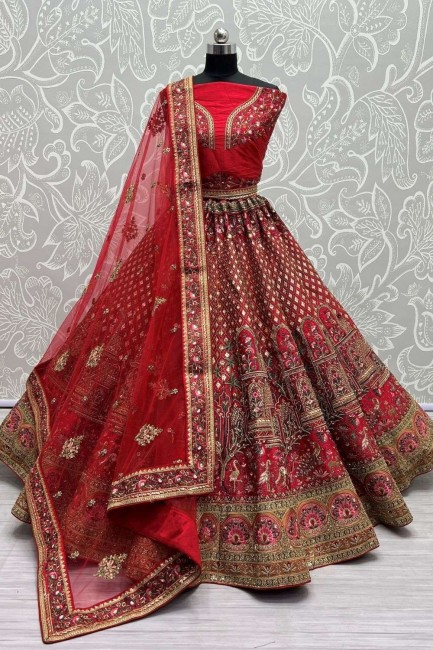 Lehenga Choli de mariée rouge avec pierre avec soie moti