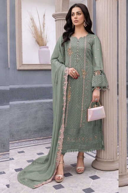 costume pakistanais georgette vert d'eau avec broderies