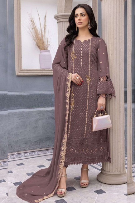 costume pakistanais marron en georgette brodée