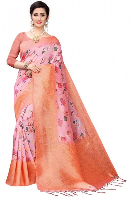 sari rose en soie à imprimé numérique avec chemisier