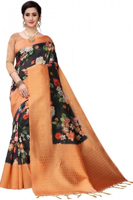 sari noir en soie avec impression numérique