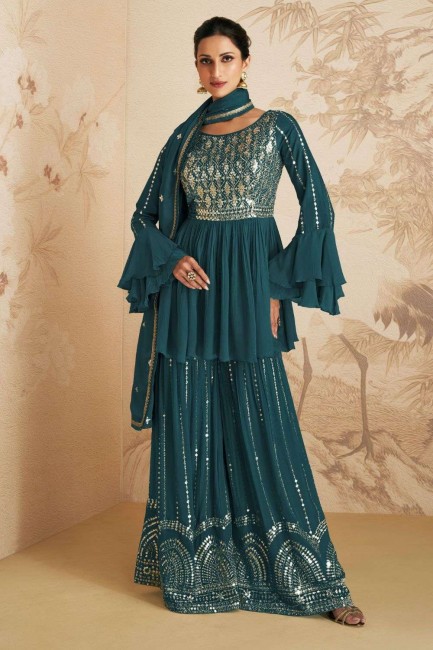 Costume Sharara en mousseline de soie chinon bleu aqua avec brodé