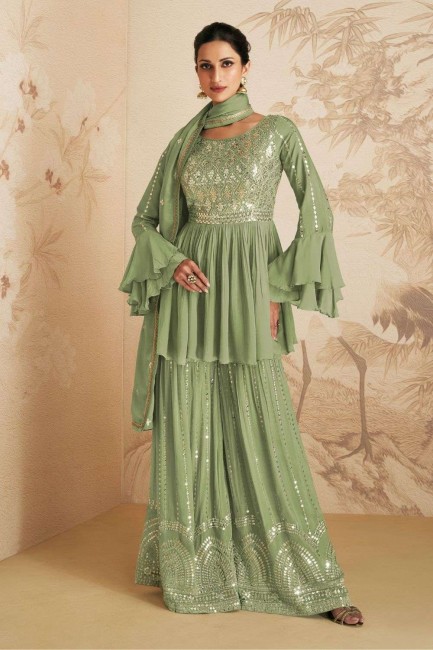 costume sharara vert pista en mousseline de soie chinon avec broderies
