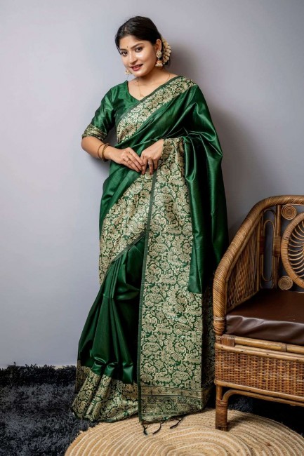 sari vert avec tissage de soie grège