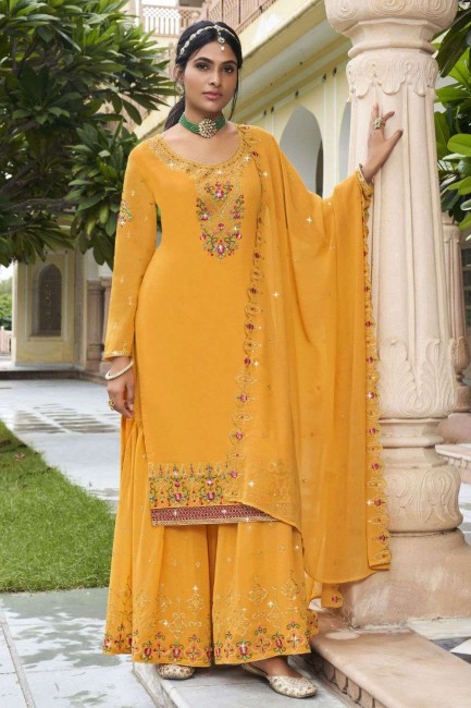 georgette sharara suit with embroidered in yellow