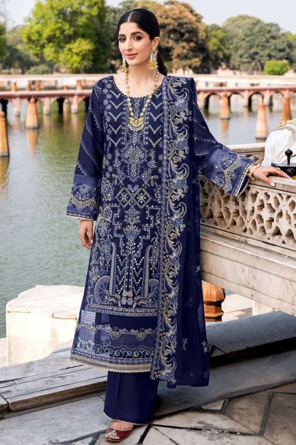 Embroidered Georgette Blue Palazzo Suit with Dupatta