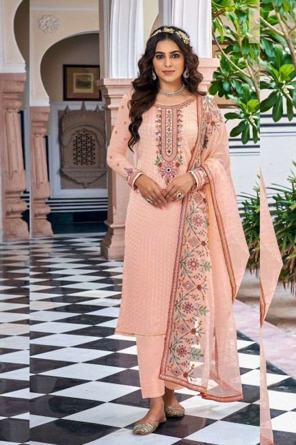 peach straight pant suit in georgette with embroidered
