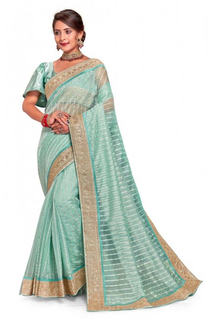 sari en tissu brodé bleu ciel avec chemisier
