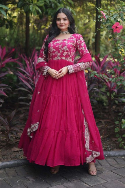 pink anarkali suit in embroidered faux silk