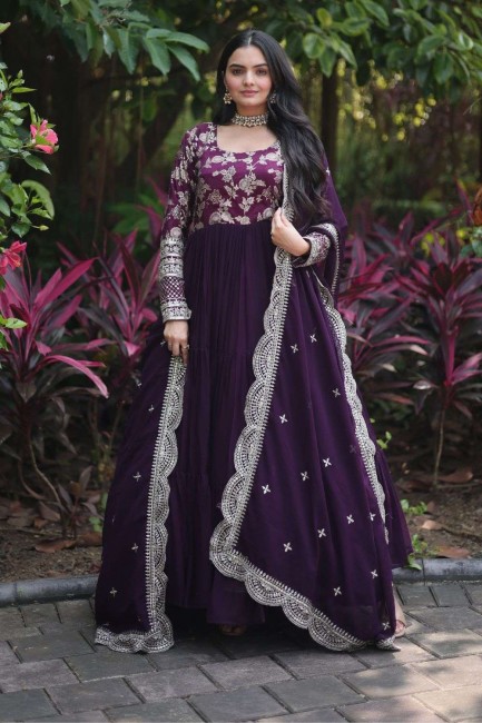 anarkali suit in wine  faux silk with embroidered