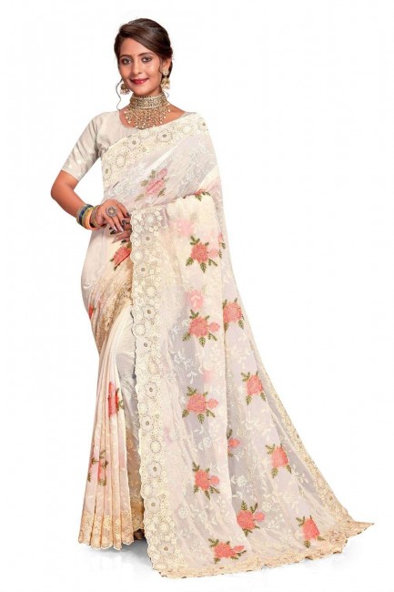 off white georgette sari with embroidered