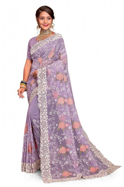 georgette sari with embroidered in lavender