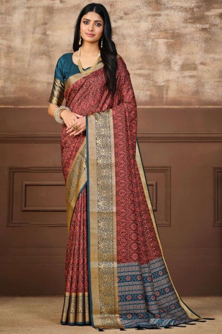 digital print tussar silk sari in multicolor