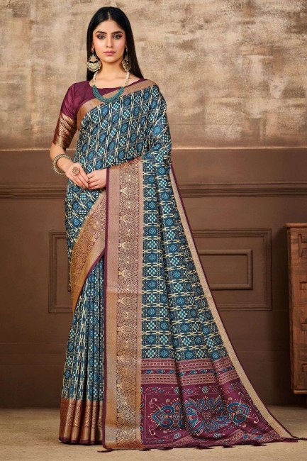 multicolor sari with digital print tussar silk