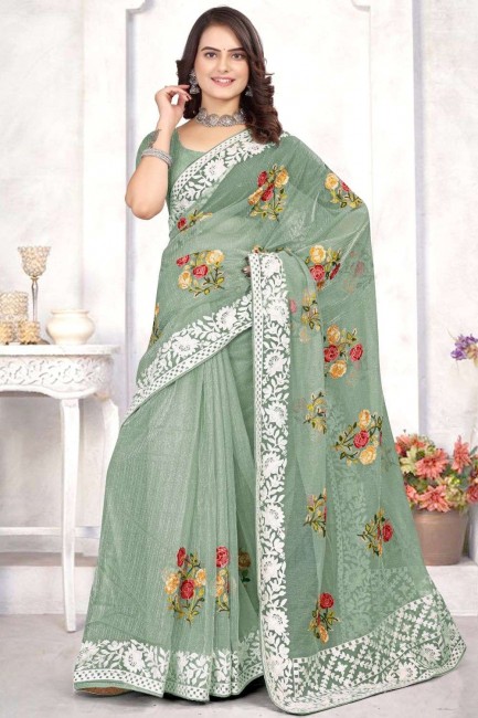 sari in dusty green organza with weaving