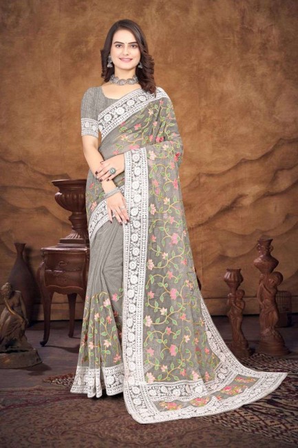 grey organza sari with weaving