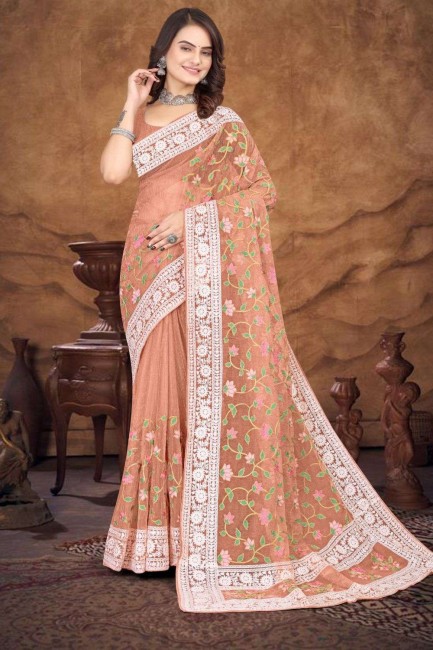 organza weaving dusty peach sari with blouse