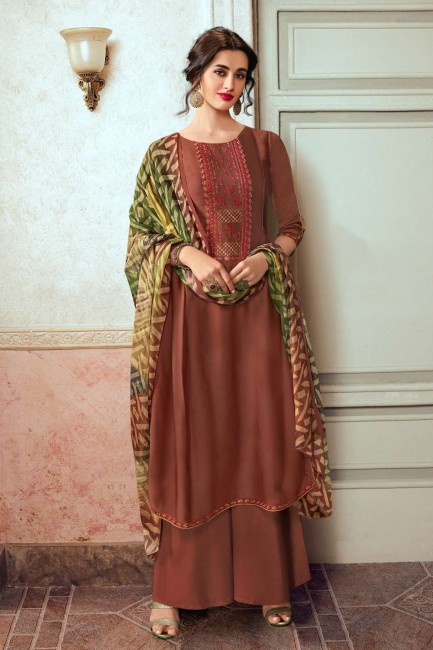 palazzo suit in brown satin georgette with embroidered