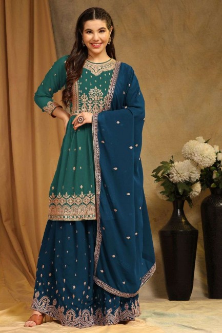 palazzo suit in aqua blue faux georgette with embroidered