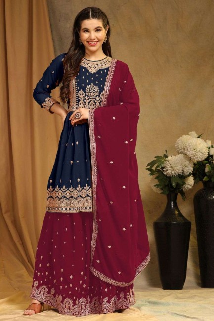 blue embroidered faux georgette palazzo suit
