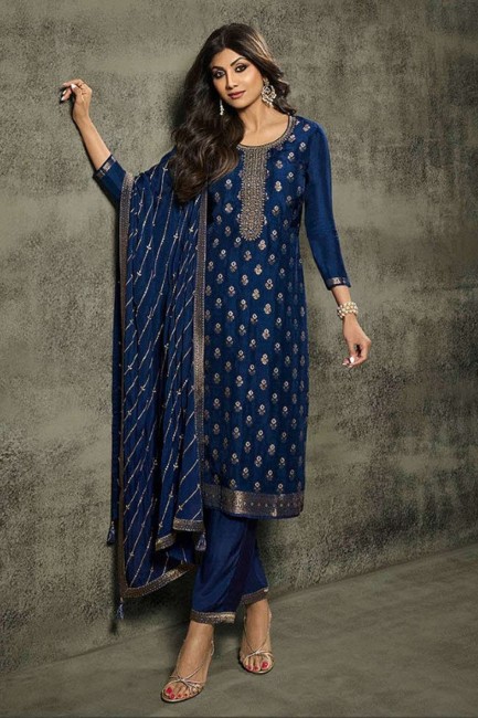 jacquard palazzo suit in blue with embroidered