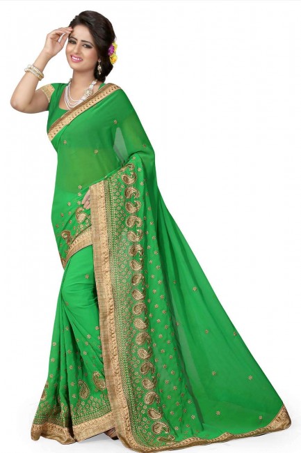georgette perot grren  sari in embroidered