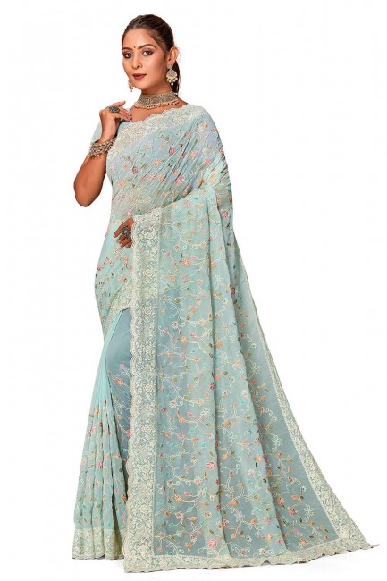 embroidered georgette sari in mint  with blouse