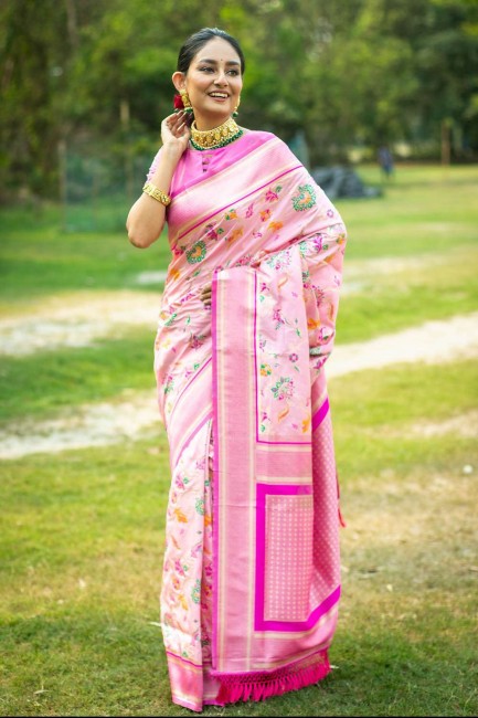 silk zari,embroidered baby pink sari with blouse