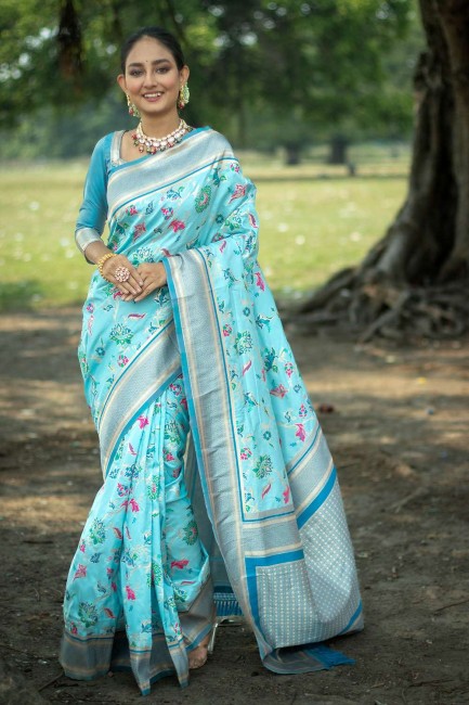 firozi  zari sari in silk