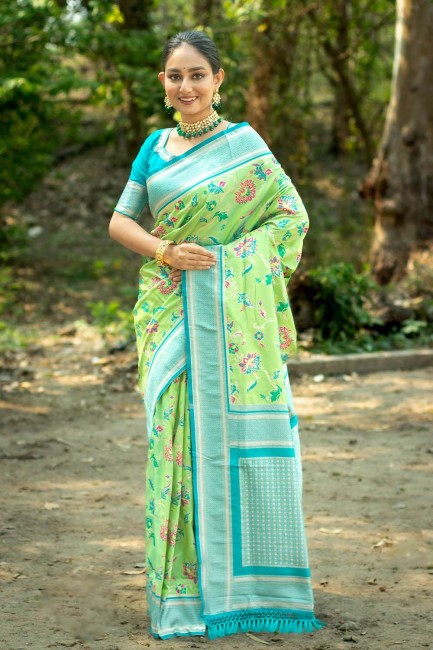 green sari in silk with zari