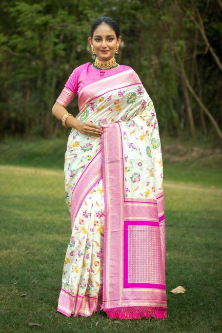 silk off white  sari in zari