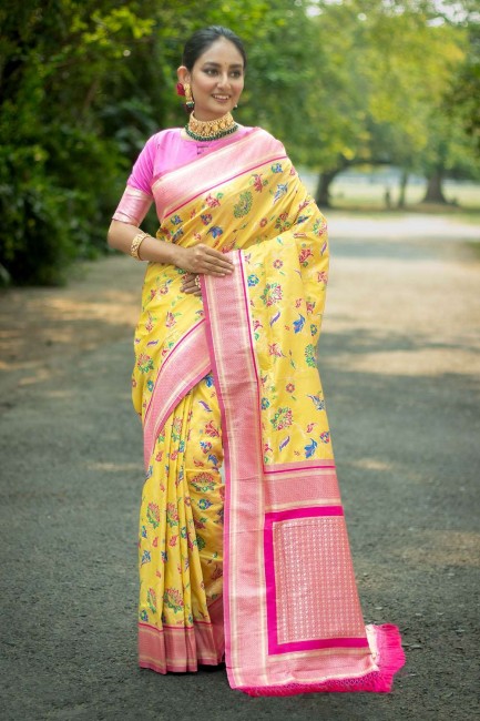 yellow sari in zari silk