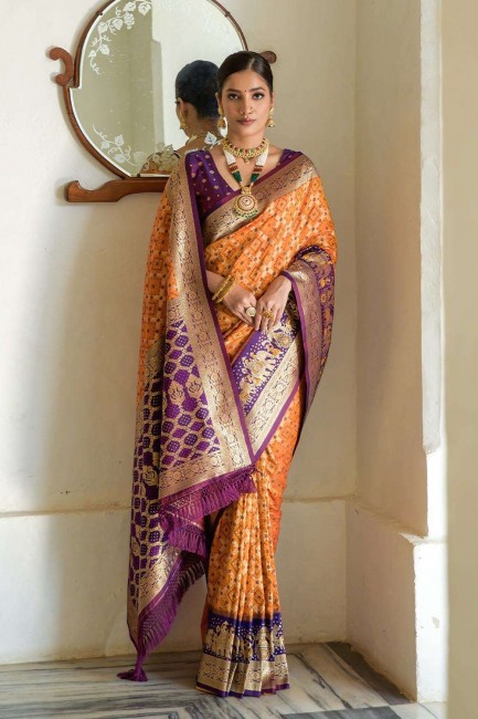 Saris orange zari en soie avec chemisier