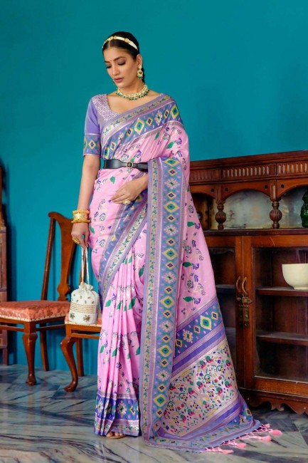Zari soie bébé rose sari avec chemisier