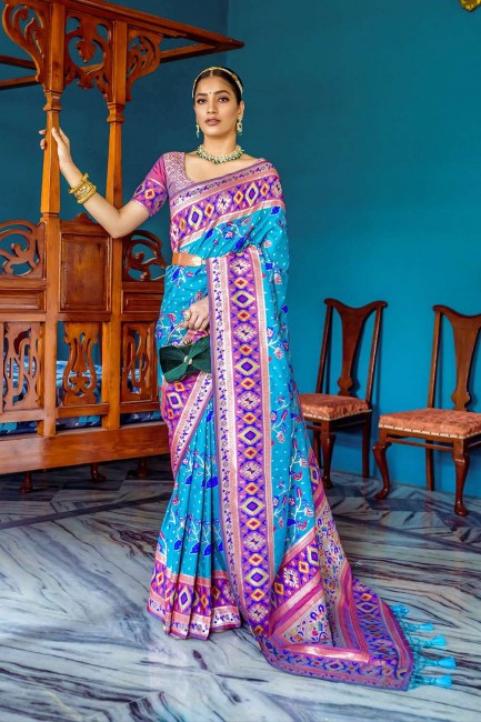 zari sari in turquoise blue silk