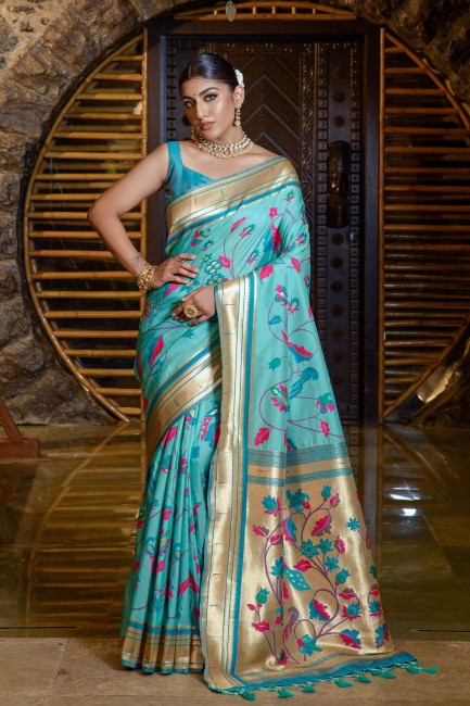 zari sari in teal  banarasi raw silk