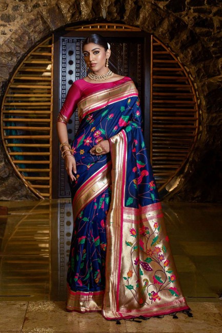 zari banarasi raw silk navy blue  sari with blouse