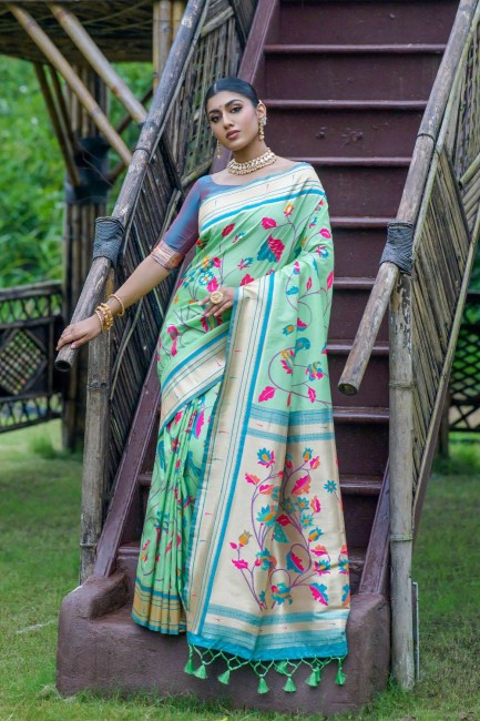 sea green  sari in banarasi raw silk with zari