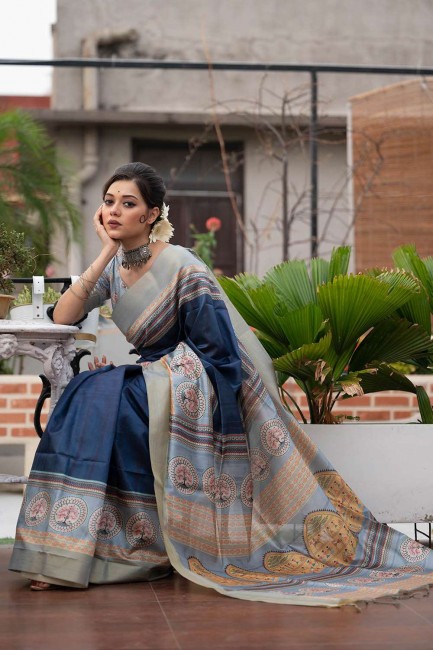 Saris bleu marine en soie Tussar avec impression numérique
