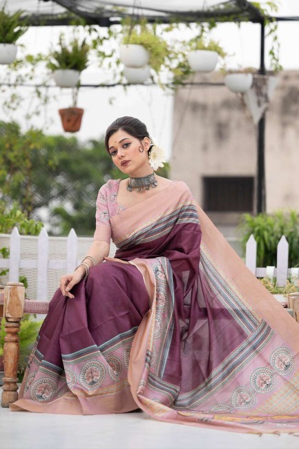 tussar silk sari in wine  with digital print