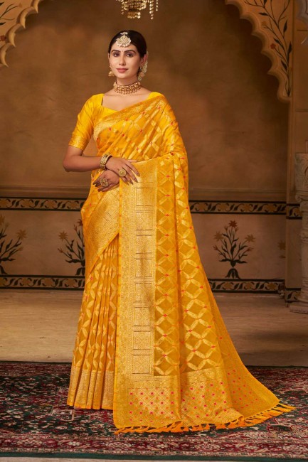 weaving sari in mustard  georgette